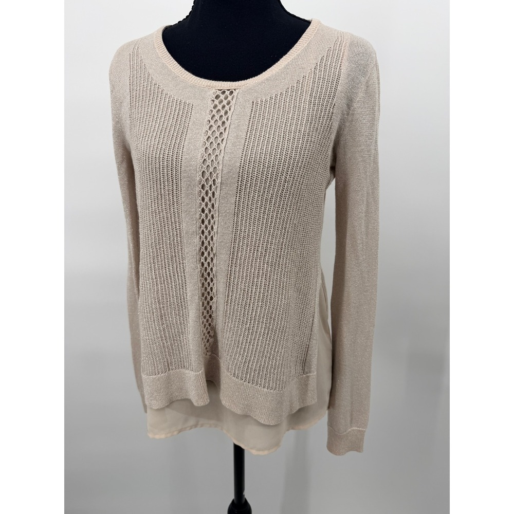 Lucky Brand Sweater Women Small Champagne Good Metallic Layered Open Knit Boho